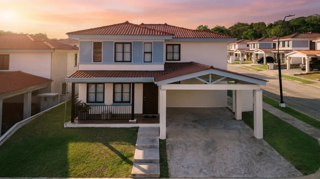 Casa modelo Lilia de dos pisos en Arcadia Costa Verde, comunidad residencial en Panamá al atardecer